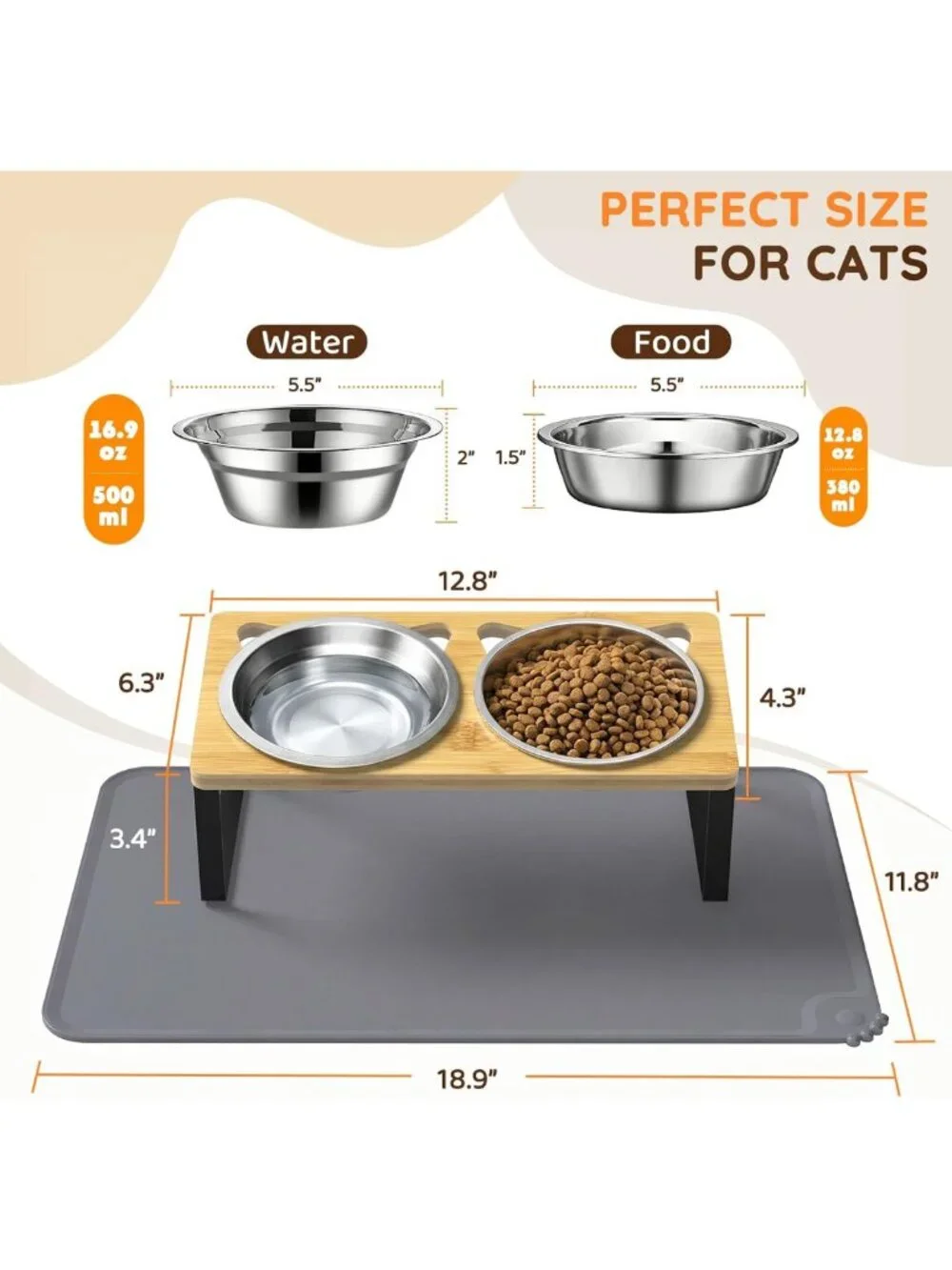 Elevated Stainless Steel Cat Bowls with Mat - Anti-Vomiting, Whisker Fatigue